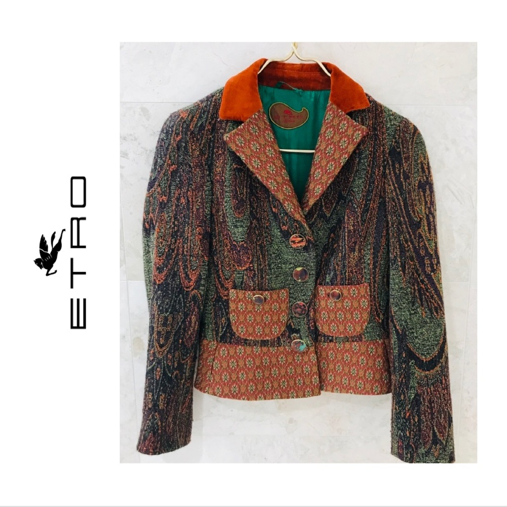 SOLD - ETRO {40} Wool Printed Jacket Orange & Green Tapestry - Picture 1 of 16